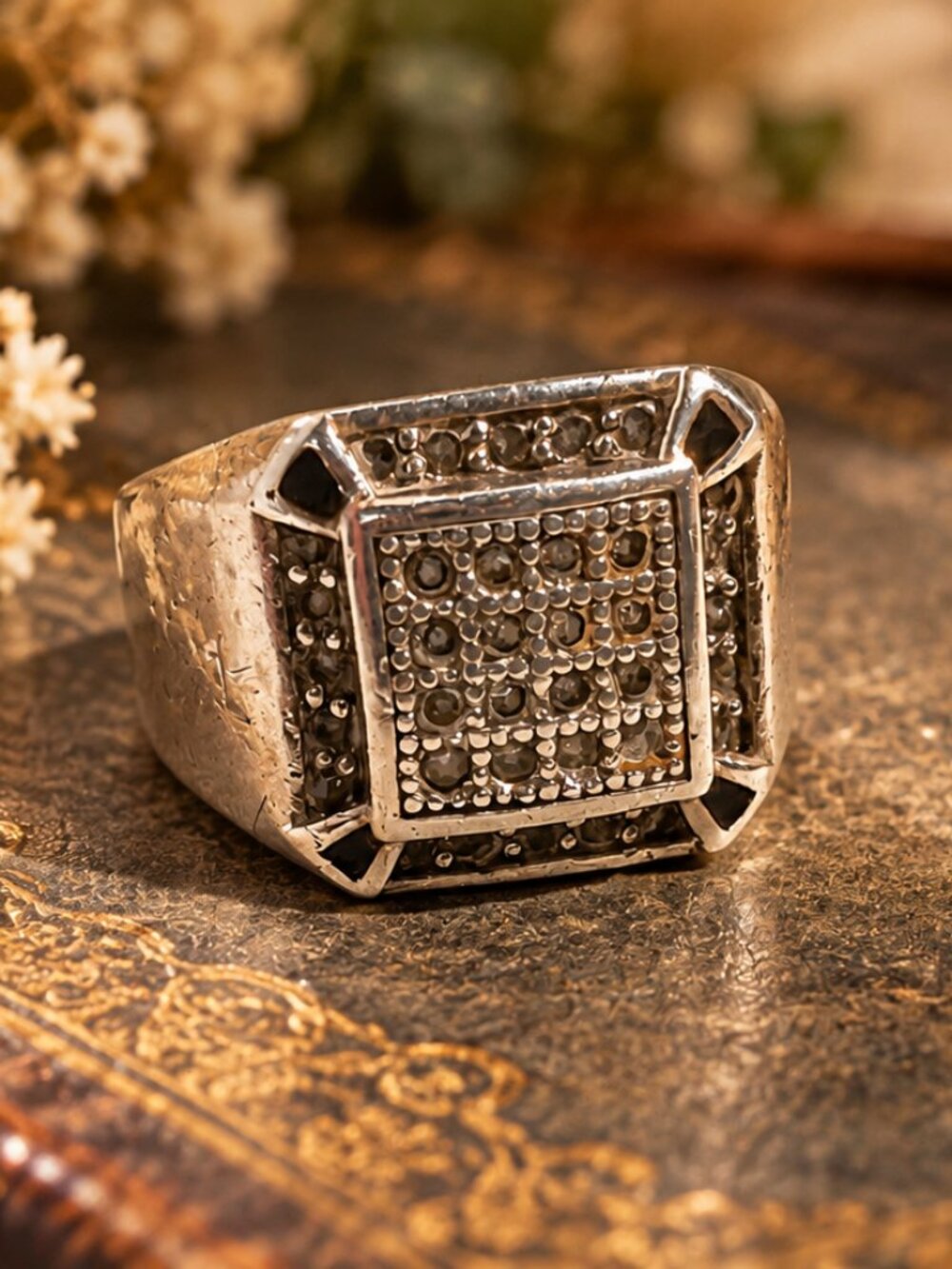 Sterling Silver 925 Chunky Black Stone Square Signet Ring – Size 6.5